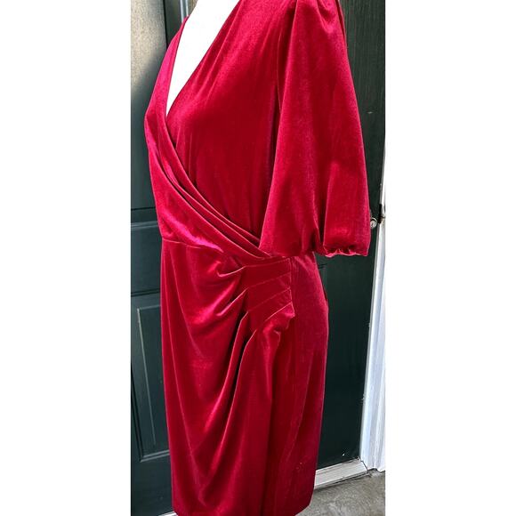 DKNY Red Velvet Surplice Neckline Puff Sleeves Dress Sz 12 Holiday Event Party - Picture 3 of 7